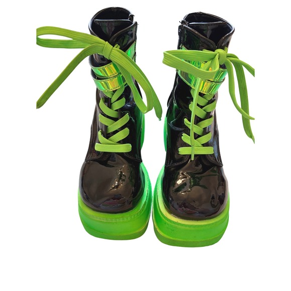 Demonia Shaker-52 UV Neon Green Platform Wedge Boots 9.75" Insole Alt Goth Rave - Picture 7 of 16